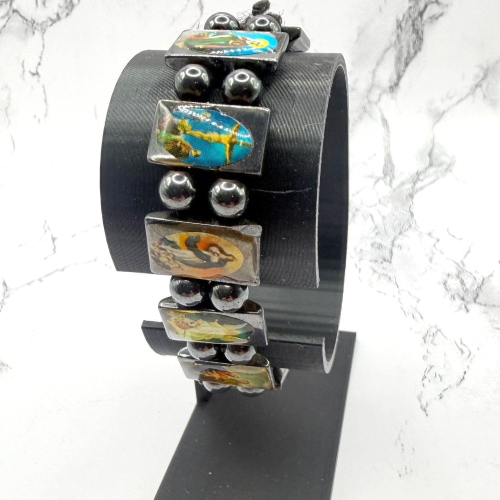 Reversible Catholic Saints Bracelet Hematite Stretch Religious Bracelet 7in